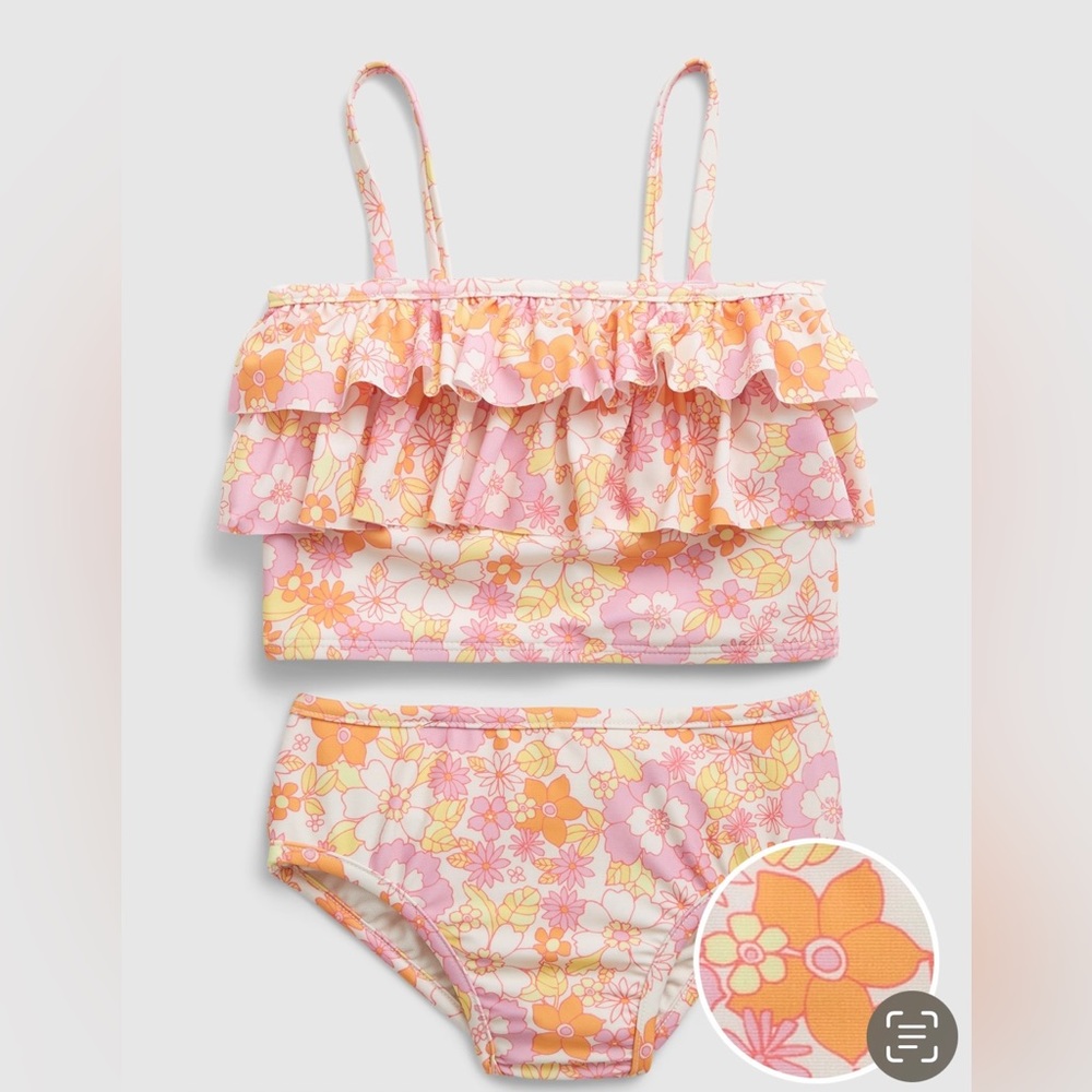 NWT GAP toddler ruffle tankini swim two piece. Size 3 yrs. Pink floral.